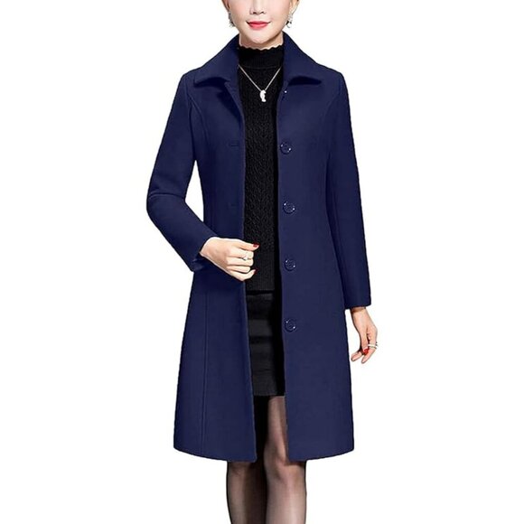 Jackets & Blazers - Women's Navy Winter Wool Trench Coat Long Thick Warm Walker Overcoat Modern
